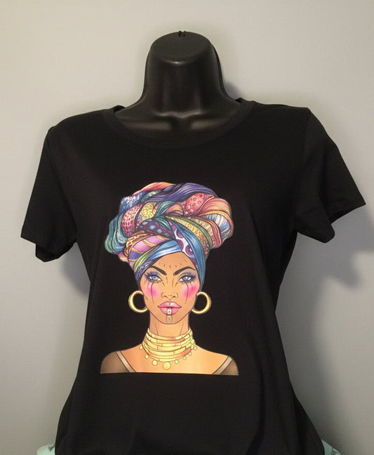 Lady with a Colorful Headwrap, Women's Fitted T-Shirts