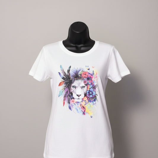 Lioness with Feathers and Flowers, Women's Fitted T-Shirts