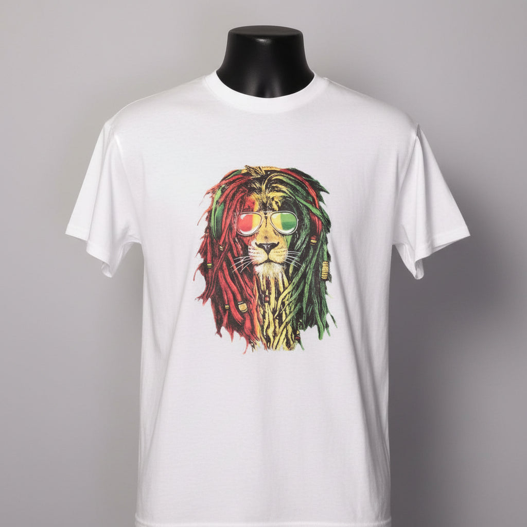 Rasta Lion, Red, Green & Yellow, with Headphones & Sunglasses, Unisex T-Shirt