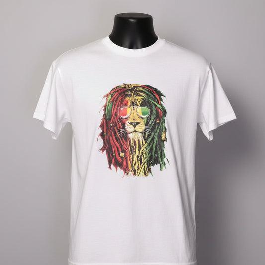 Rasta Lion, Red, Green & Yellow, with Headphones & Sunglasses, Unisex T-Shirt
