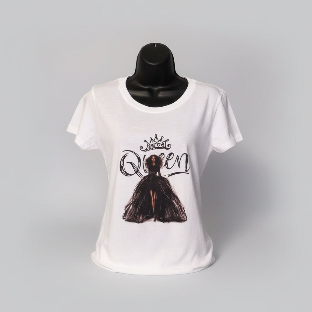 A white fitted t-shirt with a printed image of a queen wearing a black dress and tiara, with the word 'QUEEN' written above the image.