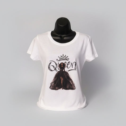 A white fitted t-shirt with a printed image of a queen wearing a black dress and tiara, with the word 'QUEEN' written above the image.
